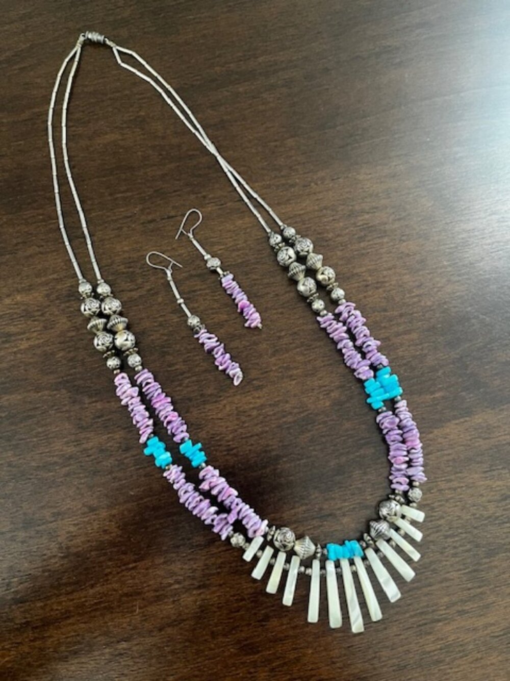 Vintage Native American Double Strand Necklace Earrings Shell Mother of Pearl